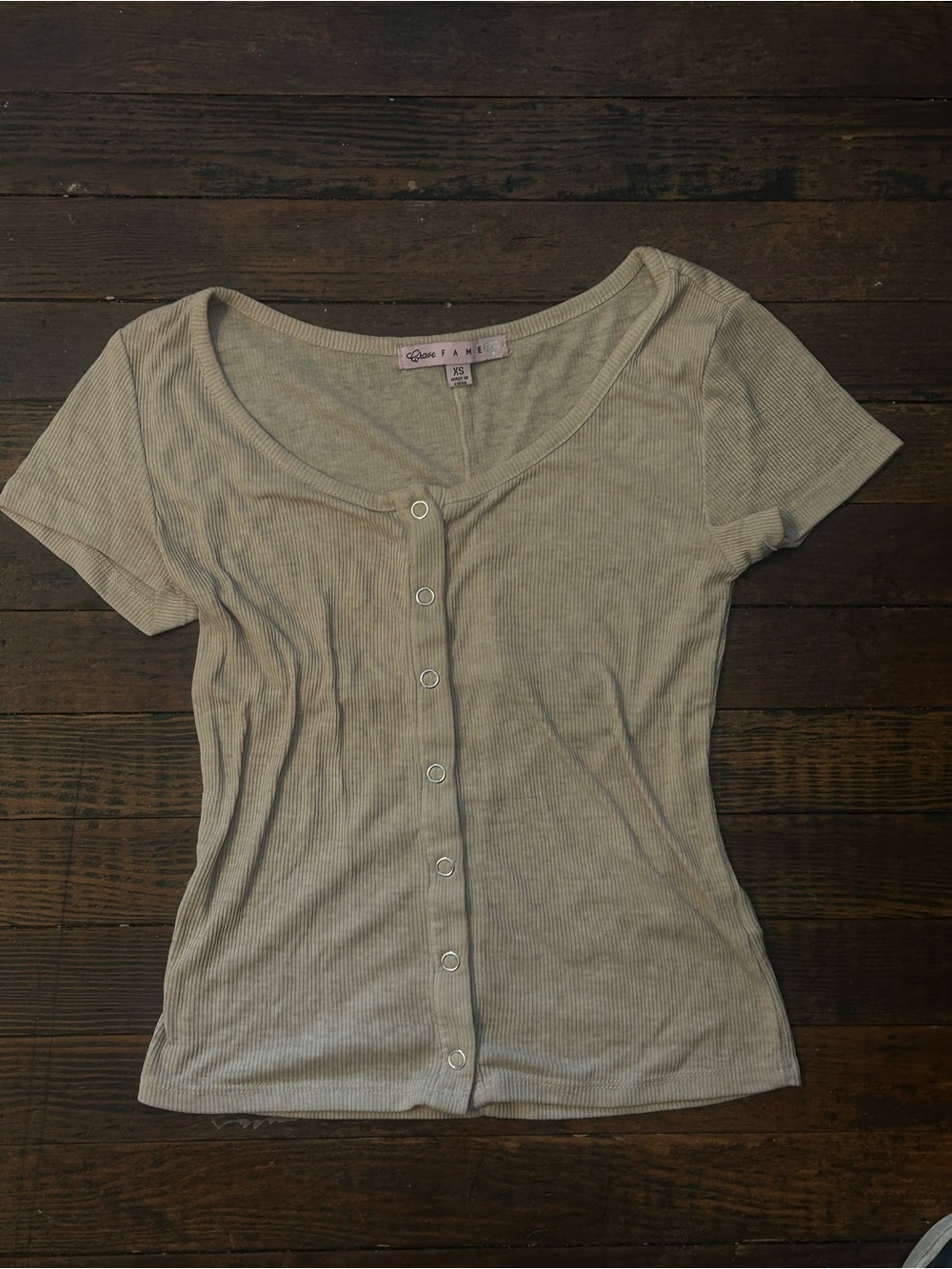Crave Fame Ribbed Button-Front Scoop Top in Light Taupe